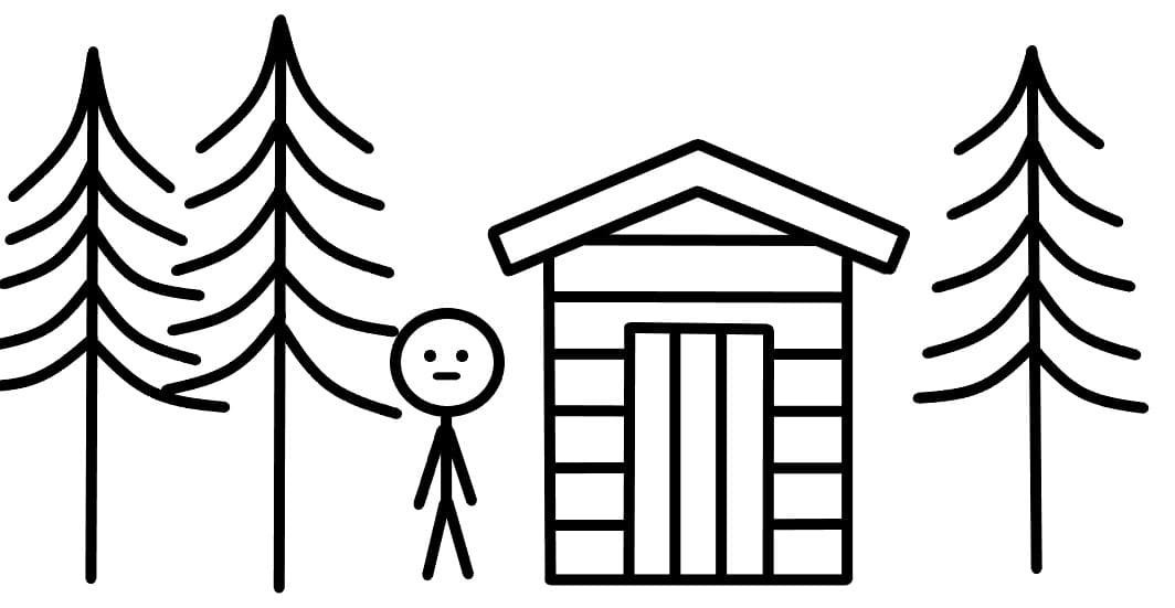 A person next to a shack in the forest