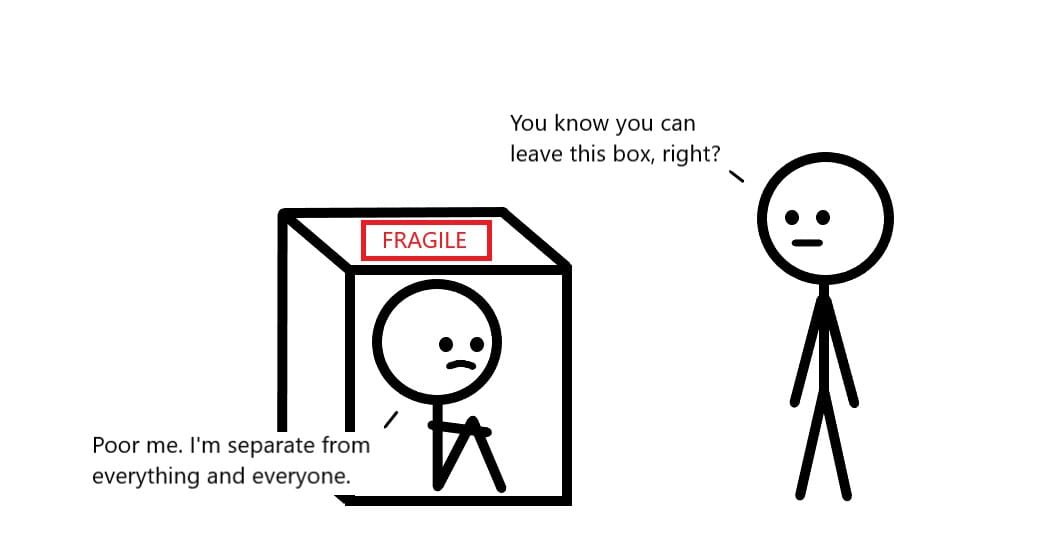 One person sitting in a box and one person is standing in front of the box telling them to get out