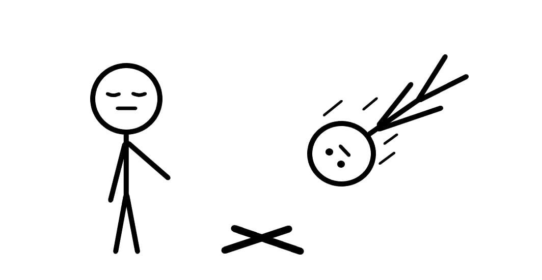 One person pointing at a cross on the ground and aother flying head first into it