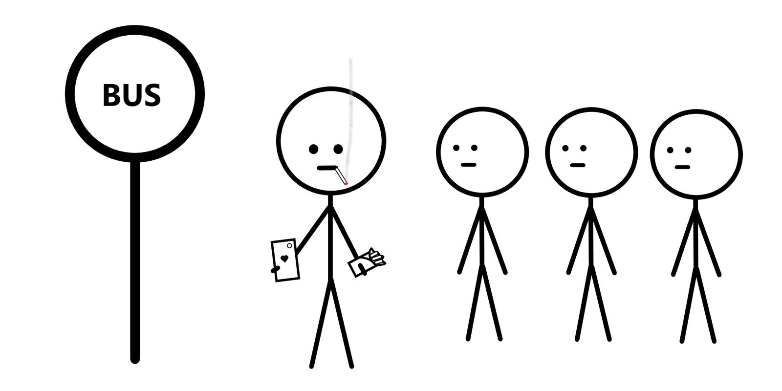 A person smoking, eating, and scrolling on their phone at the bus stop