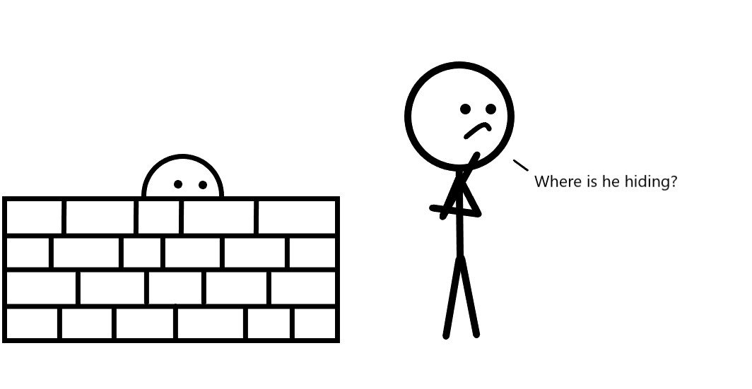 One person hiding behind a wall while another is searching for them