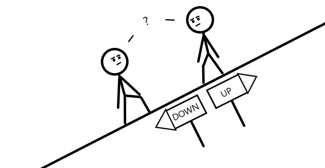 One person going up and one going down