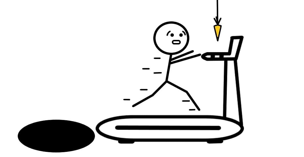 A person is chasing a carrot on a treadmill with a blackhole behind the treadmill